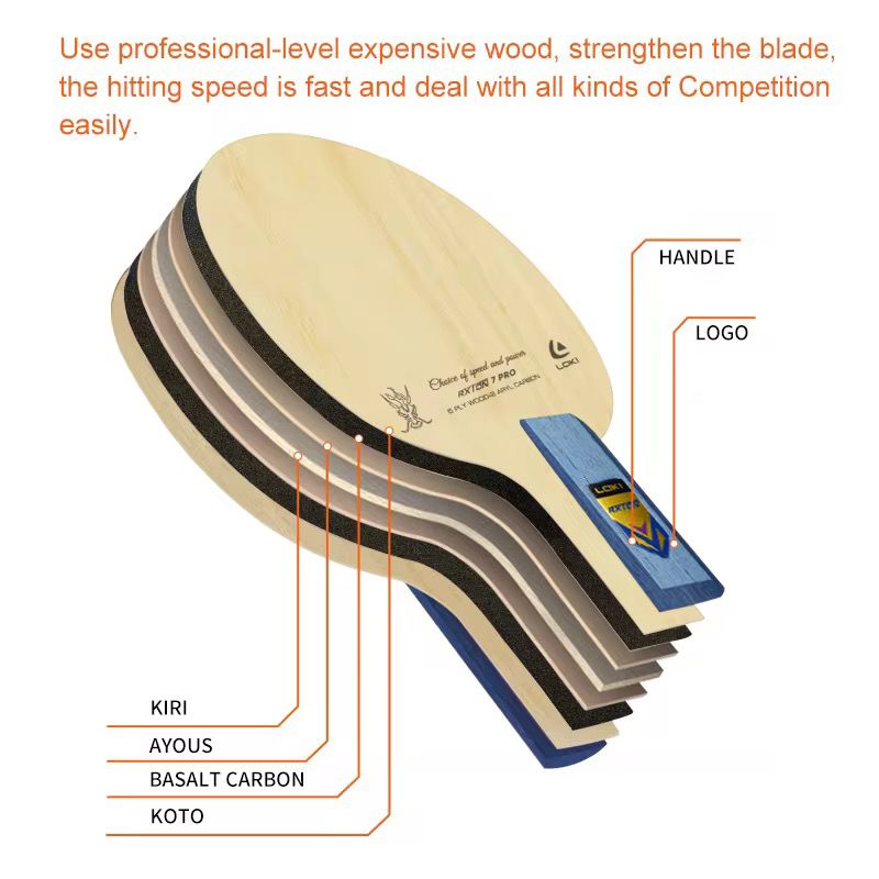 LOKI Rxton 7 Pro | 5-ply wood + 2 layers of basalt carbon| Professional Table Tennis Blade