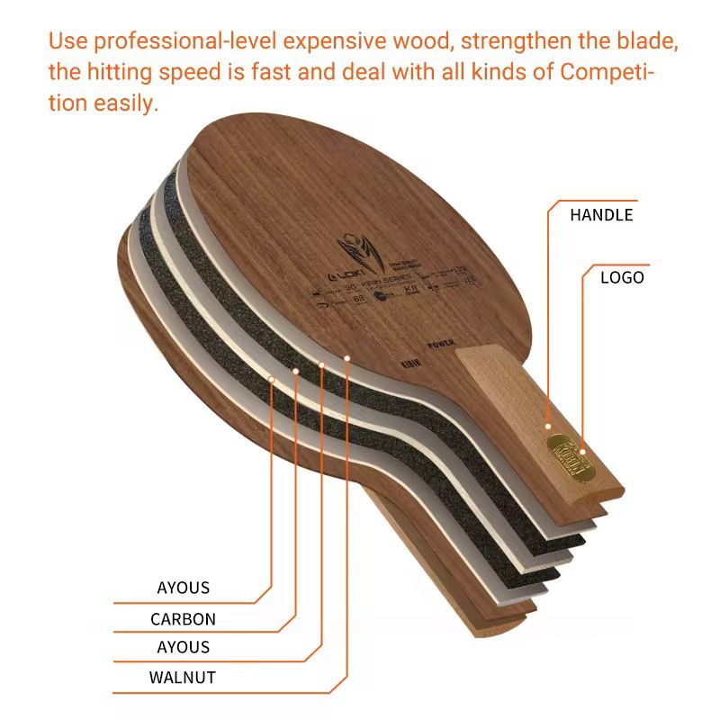 Loki Kirin K11 Walnut Carbon Power Blade – 5 Ply Wood + 2 Carbon Offensive Table Tennis Blade